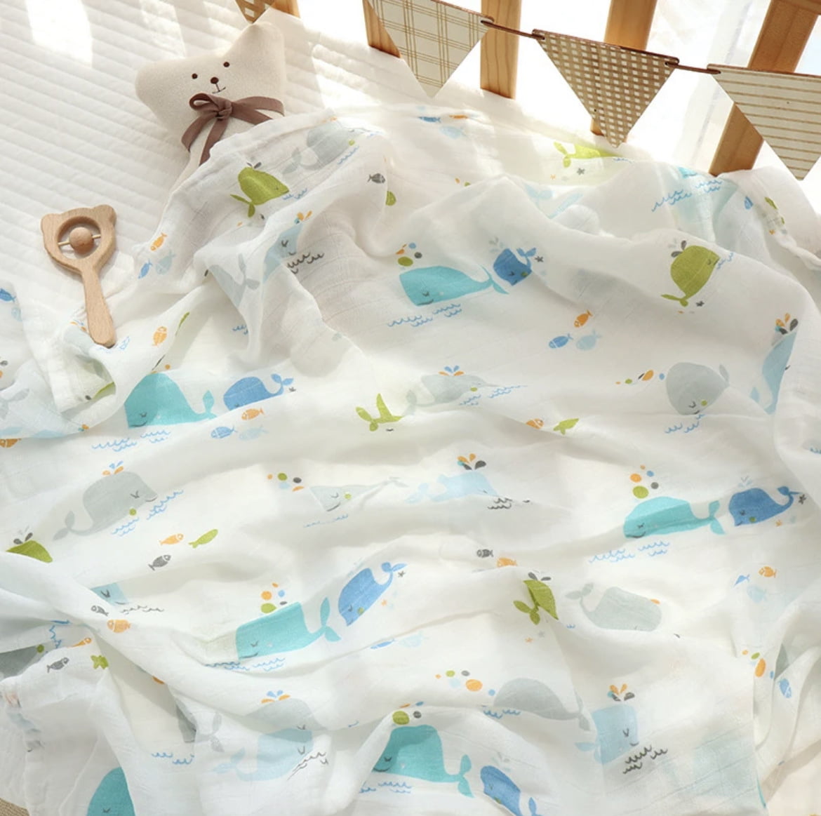 Muslin swaddles and softly textured baby blankets.